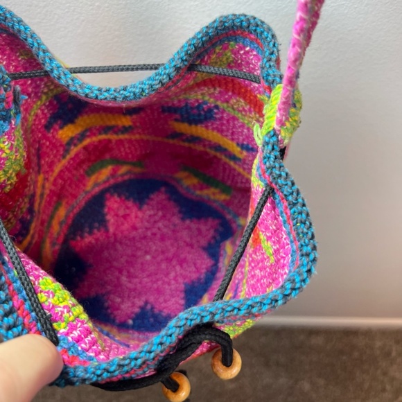 Wayuu Woven Bucket Bag Purse Pink Yellow Wood Bead Animal Print Cinch Close Boho - Picture 8 of 13